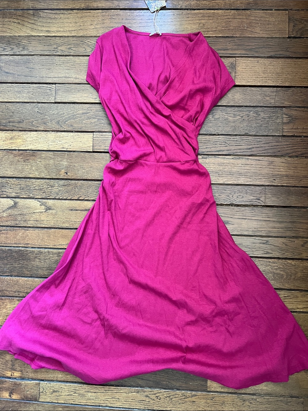 OGL Pink Stretch Cotton V-neck Wrap-Style Cap Sleeve Midi Dress Size Small NWT